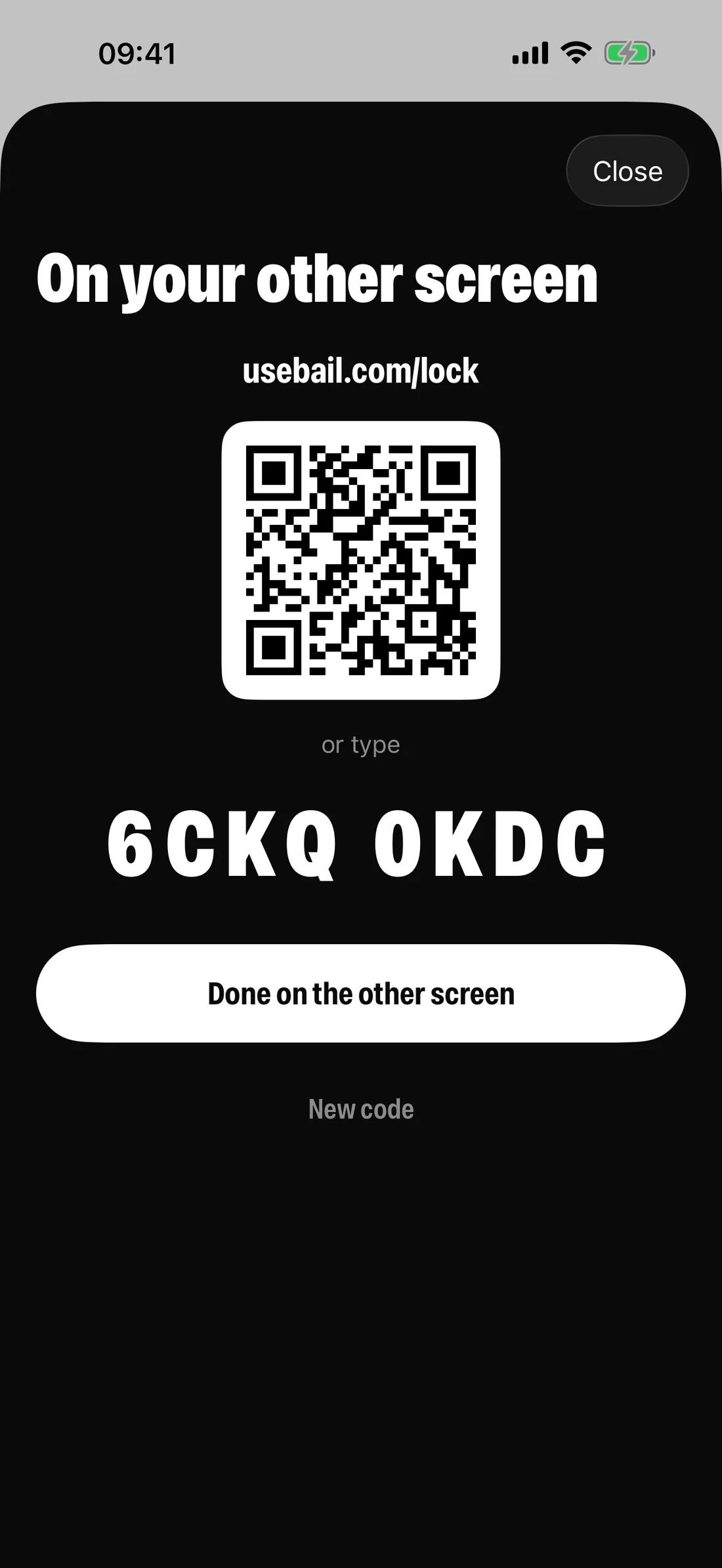 Bail showing a setup code and a QR code for usebail.com/lock