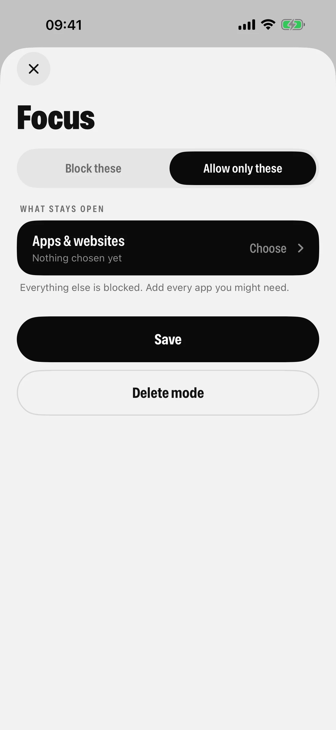 Focus mode set to allow only the apps you choose; everything else is blocked